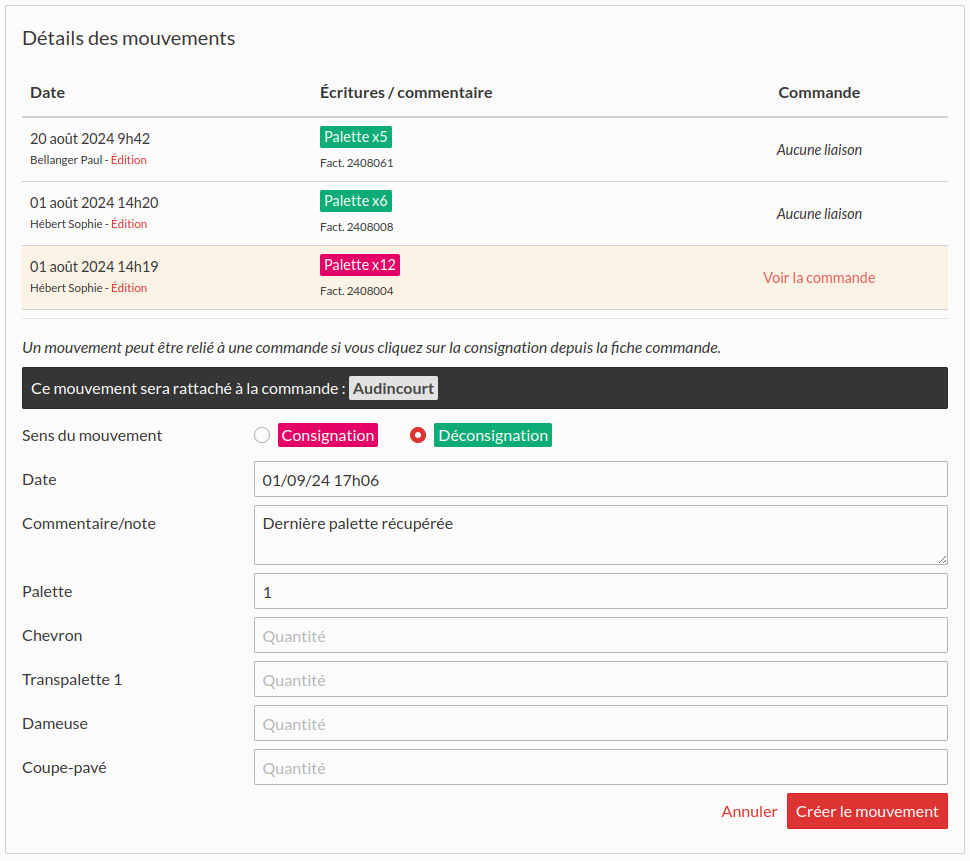 Consignations mouvements